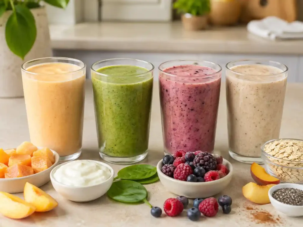 Four peach protein smoothie variations in glasses, including creamy peach, green peach, peach berry, and peach oat smoothies.