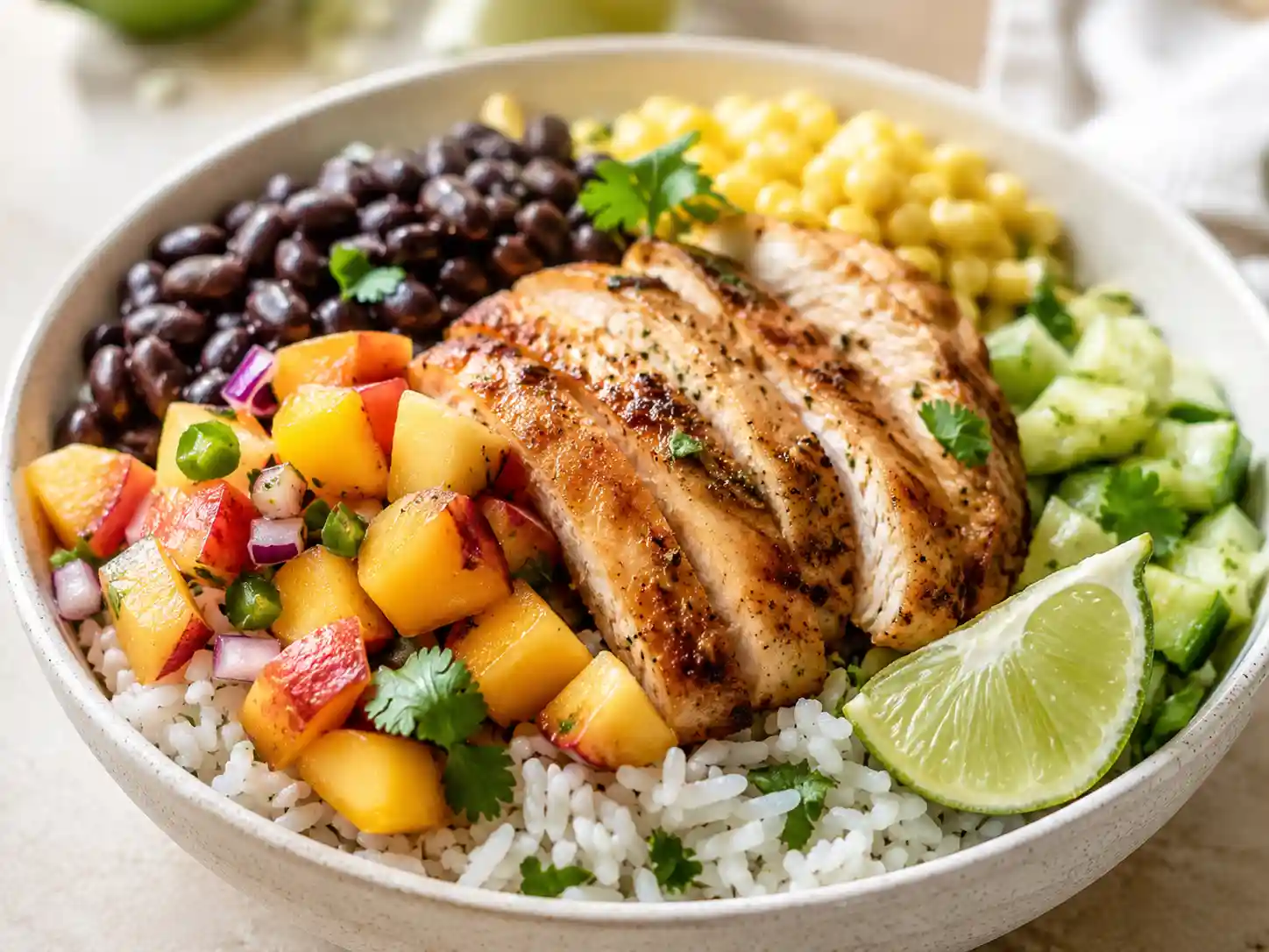 Close-up of a peach salsa chicken rice bowl with sliced chicken, fluffy rice, peach salsa, corn, black beans, and lime.