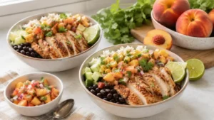 Peach salsa chicken rice bowls with rice, sliced chicken, black beans, corn, lime, and fresh peach salsa.