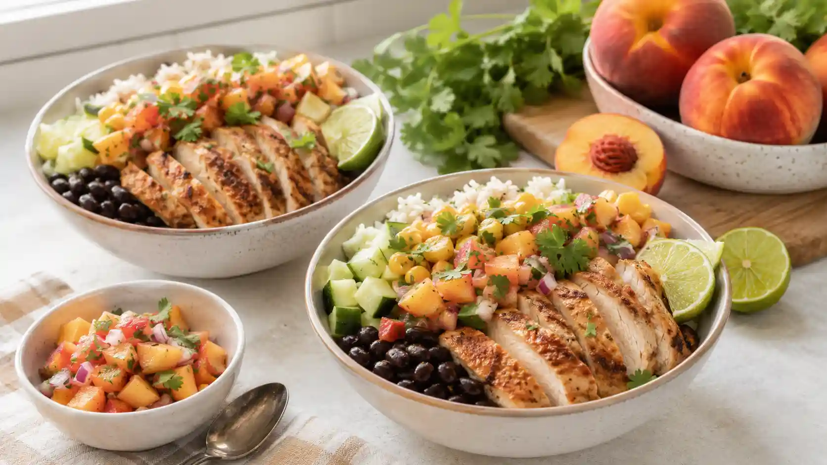 Peach salsa chicken rice bowls with rice, sliced chicken, black beans, corn, lime, and fresh peach salsa.