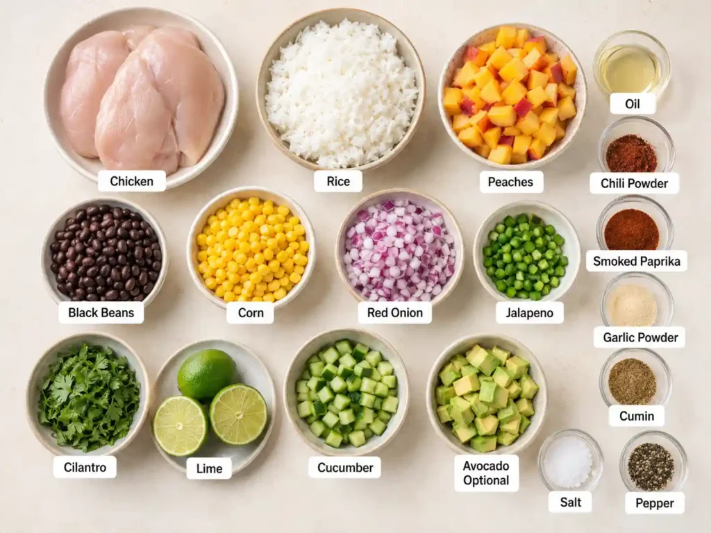 Labeled ingredients for peach salsa chicken rice bowls including chicken, rice, peaches, black beans, corn, lime, cilantro, onion, and spices.