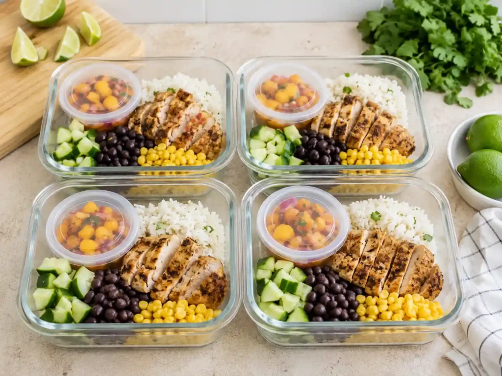 Meal prep containers with chicken, rice, black beans, corn, and peach salsa packed separately in small cups.