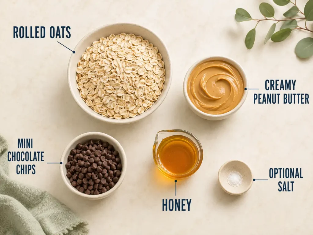 Labeled ingredients for peanut butter oat balls including oats, peanut butter, honey, and chocolate chips