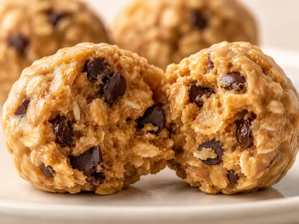 Close-up of a peanut butter oat ball showing a moist oat and chocolate chip center
