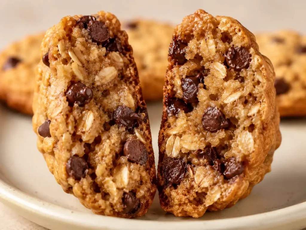 Close-up of a peanut butter oat cookie showing a soft center with oats and chocolate chips