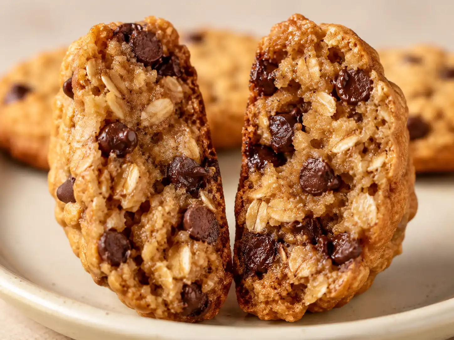 Close-up of a peanut butter oat cookie showing a soft center with oats and chocolate chips