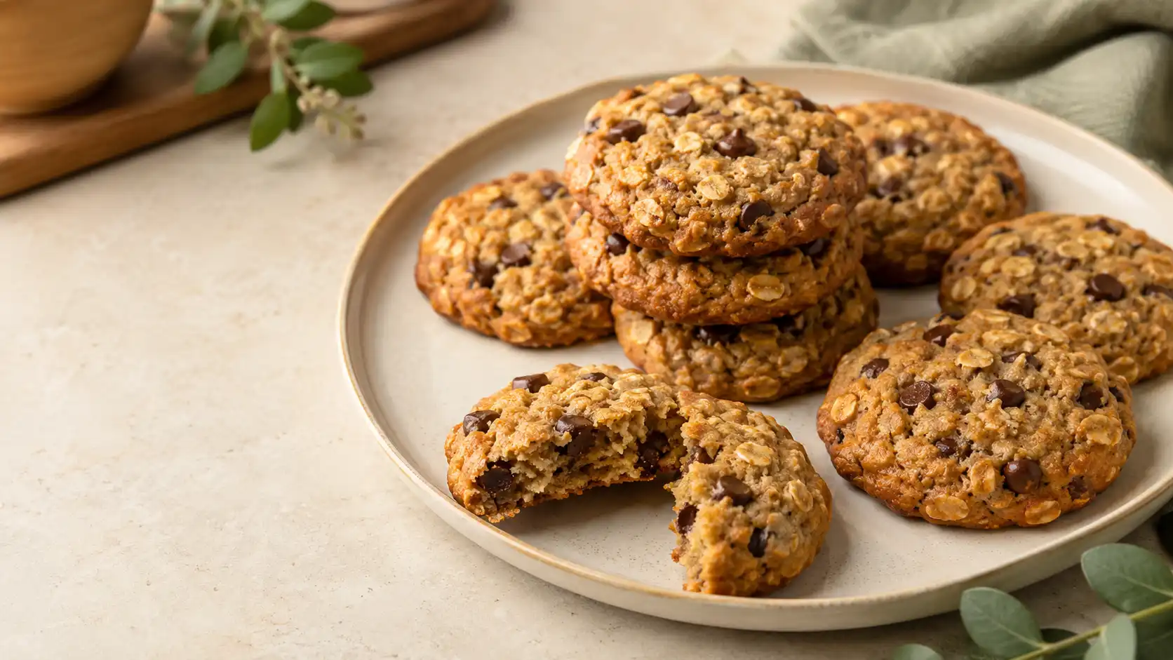 Flourless peanut butter oat cookies with rolled oats and mini chocolate chips