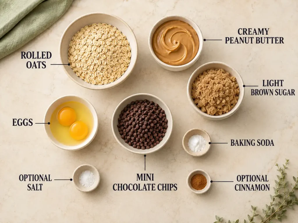 Labeled ingredients for peanut butter oat cookies including oats, peanut butter, brown sugar, eggs, and chocolate chips