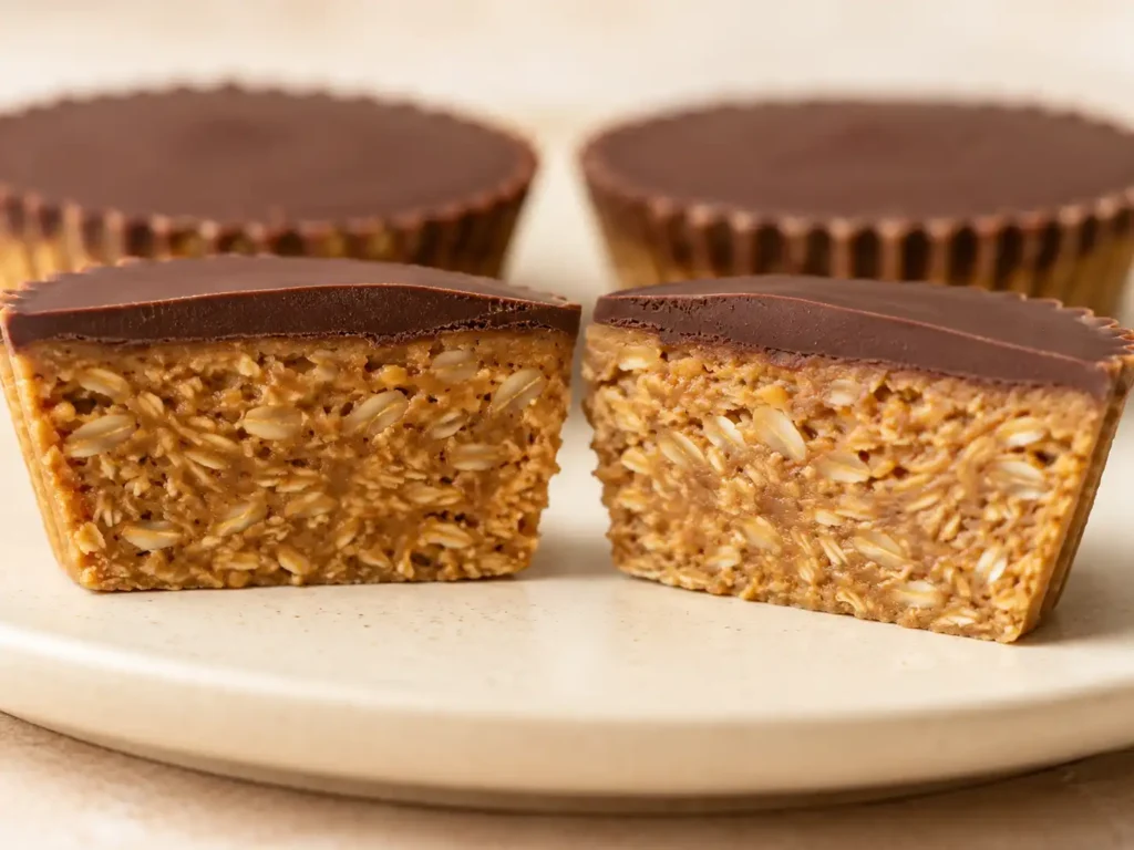 Close-up of a peanut butter oat cup showing the chewy oat base and thin chocolate layer