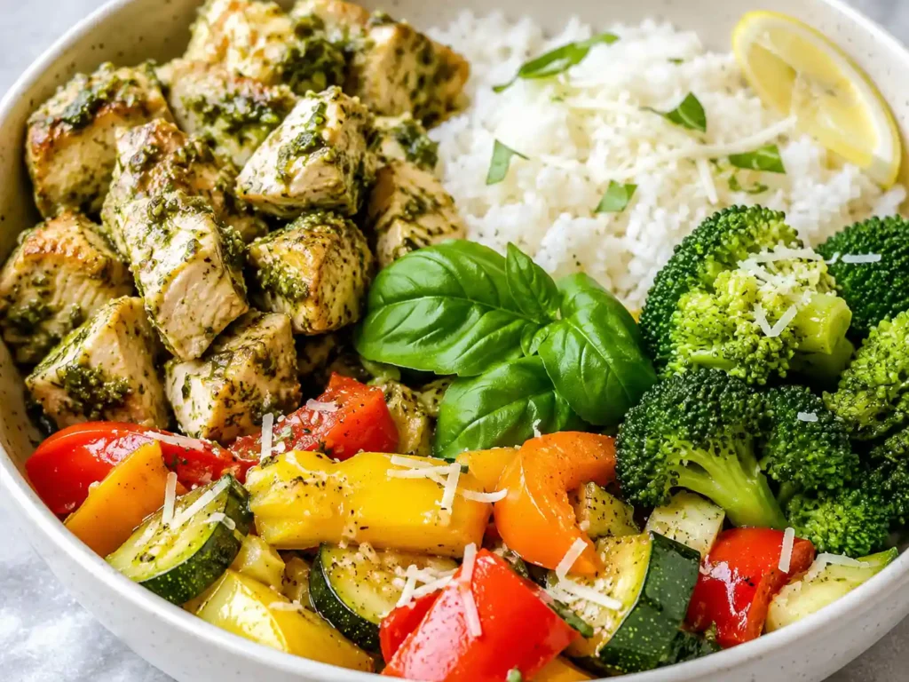 Close-up of pesto chicken with rice and vegetables showing juicy chicken, glossy pesto, and fresh toppings.