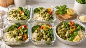 Pesto chicken meal prep bowls with rice, vegetables, and basil pesto in meal prep containers.