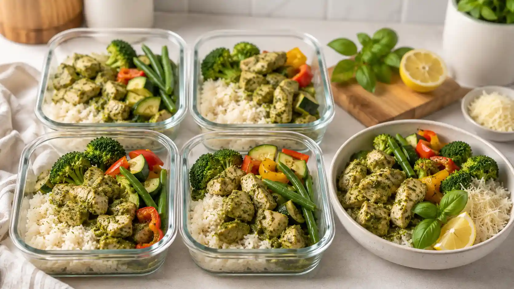 Pesto chicken meal prep bowls with rice, vegetables, and basil pesto in meal prep containers.