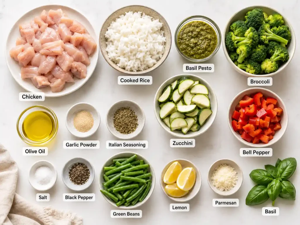 Labeled ingredients for pesto chicken meal prep bowls including chicken, rice, pesto, vegetables, oil, and seasonings.