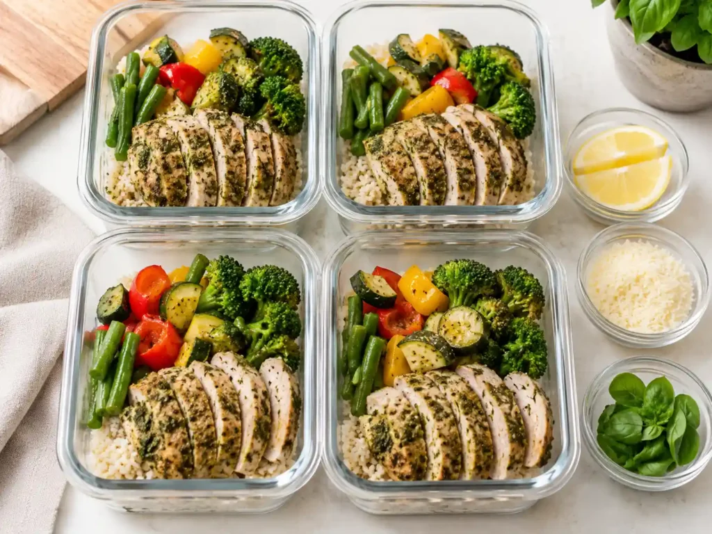 Pesto chicken meal prep bowls stored in airtight containers for weekday lunches.