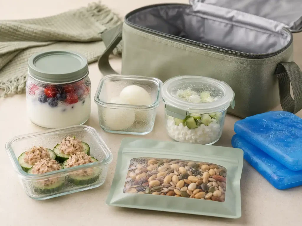 Individual yogurt, egg, cottage cheese, tuna cucumber, and trail mix snacks beside an insulated bag and cold packs.