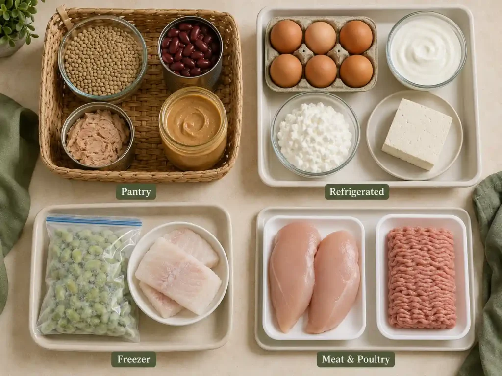 Protein groceries grouped into pantry, refrigerated, freezer, and meat and poultry store sections.