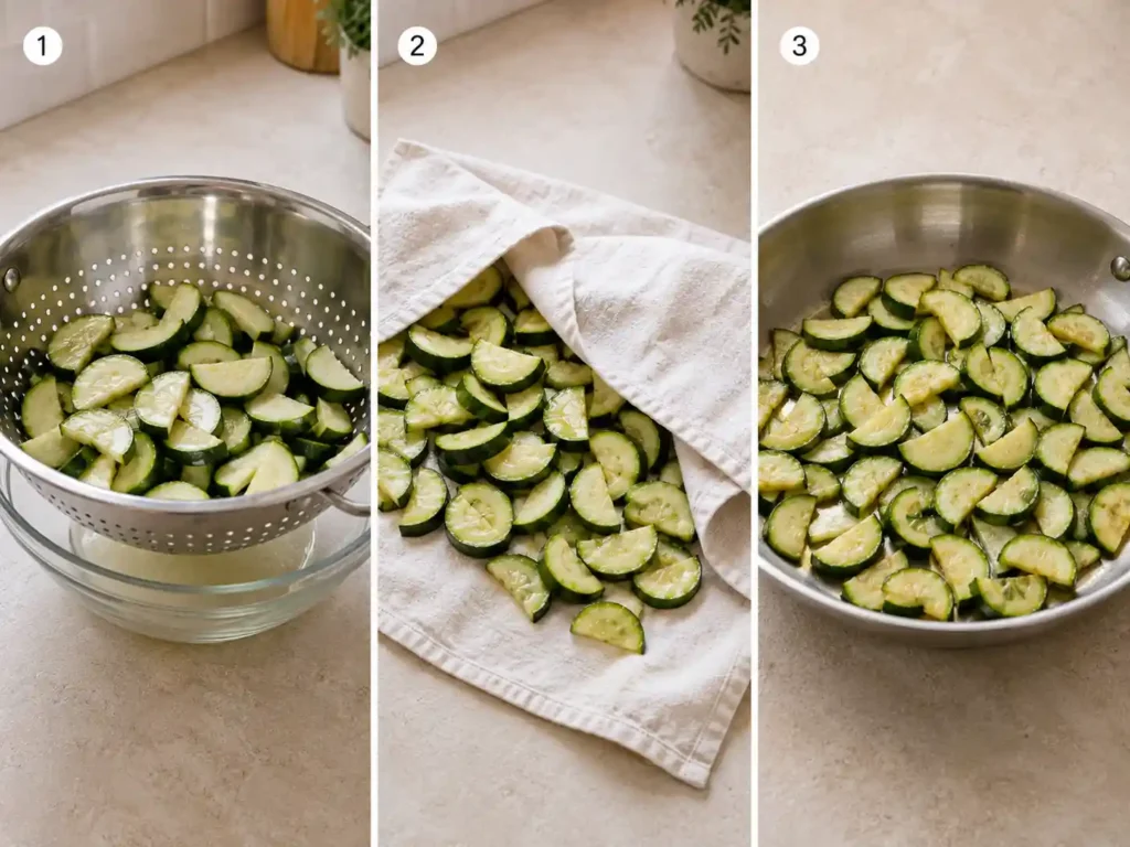 Three steps for removing moisture from zucchini by draining, drying, and sautéing it before making casserole.