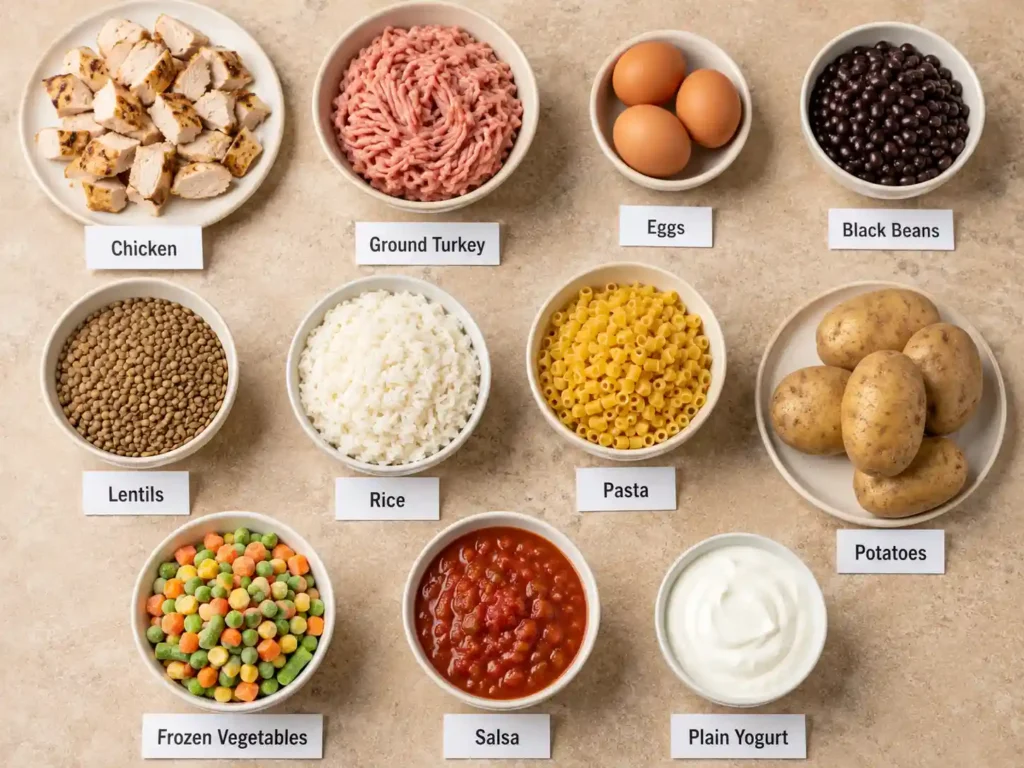Labeled chicken, ground turkey, eggs, beans, lentils, rice, pasta, potatoes, frozen vegetables, salsa, and plain yogurt arranged for budget dinners.