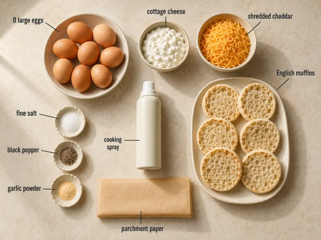 Labeled ingredients for sheet pan egg breakfast sandwiches including eggs, cottage cheese, cheddar, and English muffins