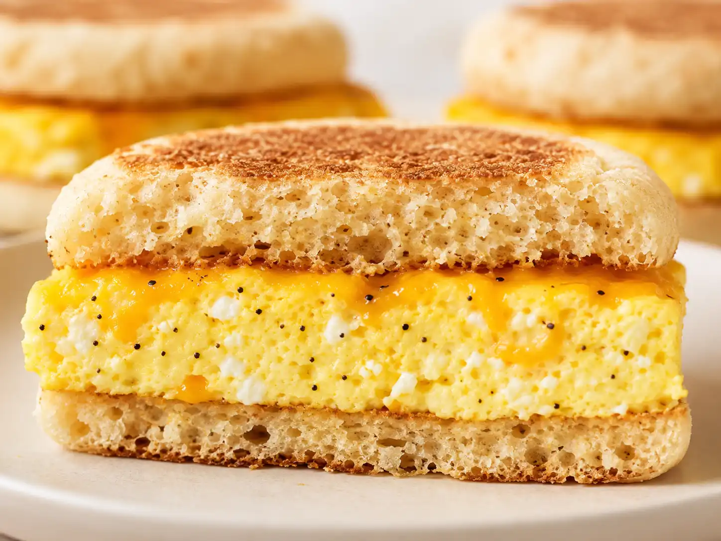 Close-up of a sheet pan egg breakfast sandwich showing tender eggs and melted cheddar