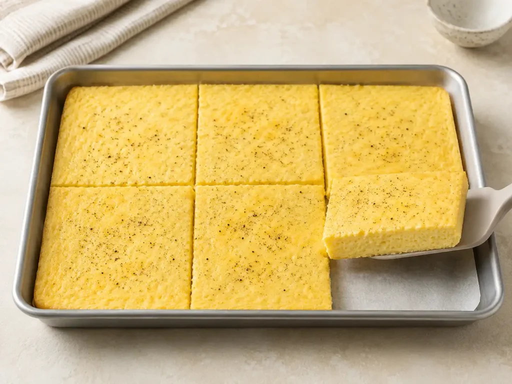 Baked sheet pan eggs cut into six rectangular portions in a rimmed metal pan
