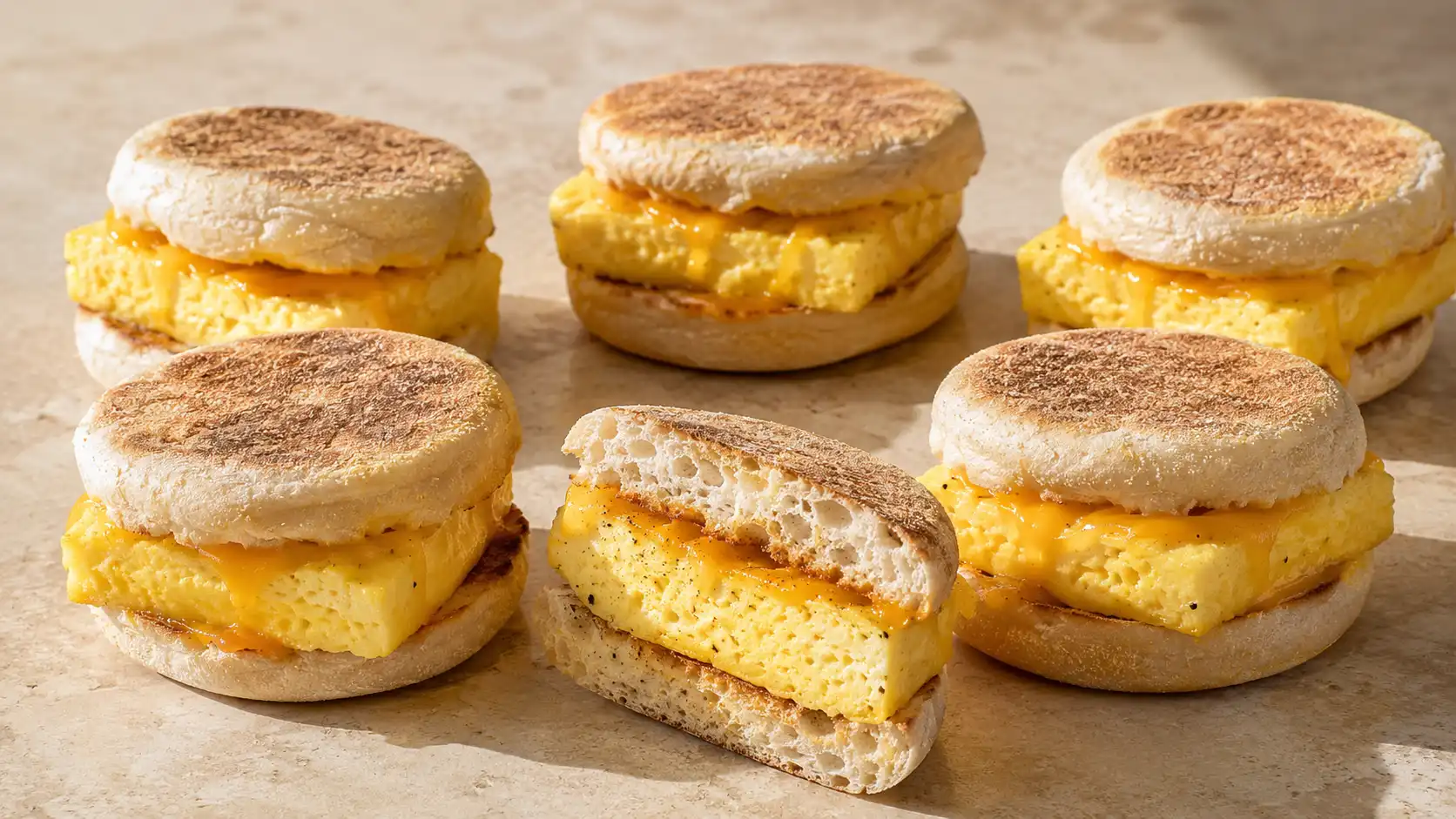 Six sheet pan egg breakfast sandwiches on toasted English muffins with cheddar