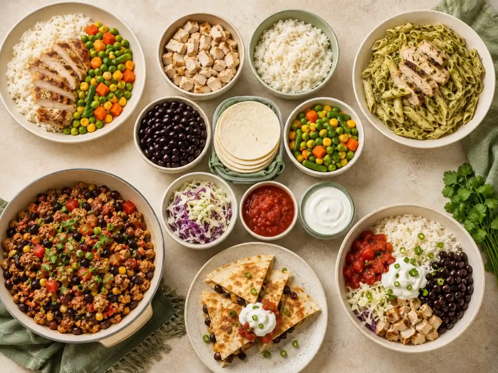 Shared chicken, rice, beans, tortillas, vegetables, salsa, and yogurt used to create five different budget protein dinners.