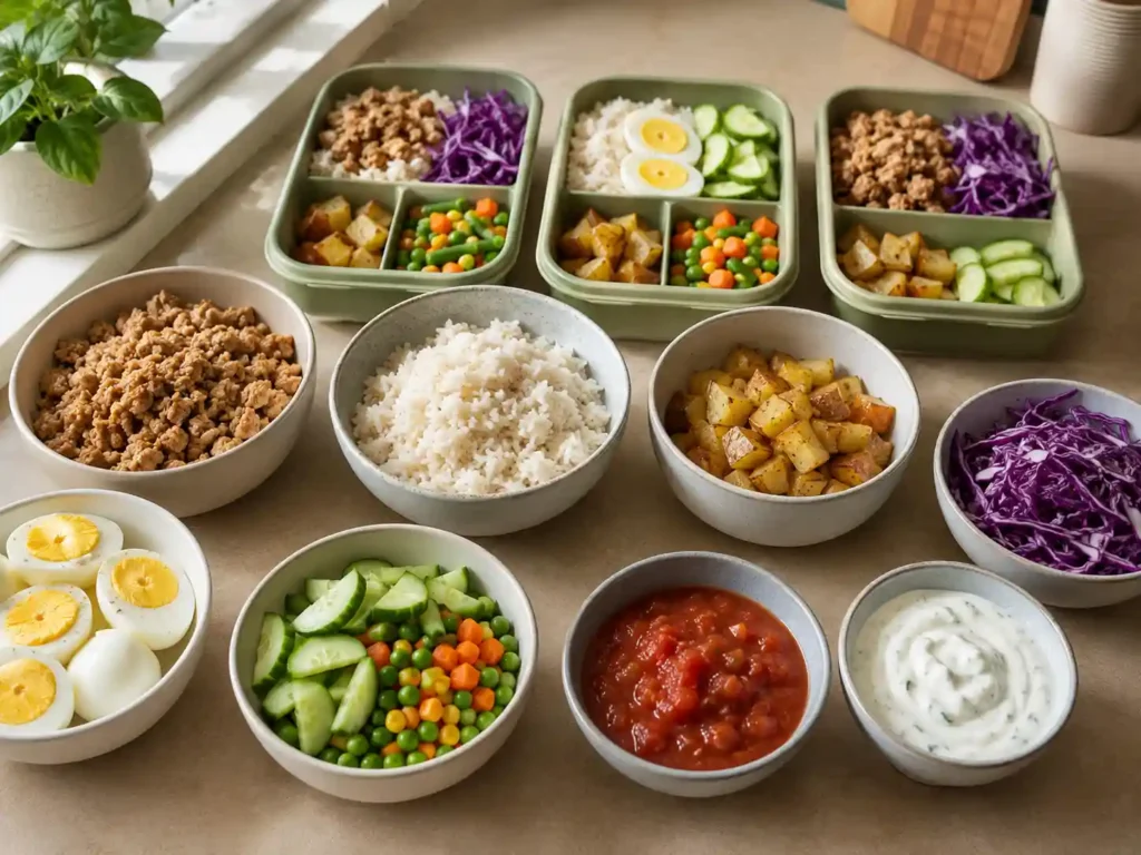 Meal prep setup with two proteins, two bases, three vegetables, and two sauces for building several protein bowls.