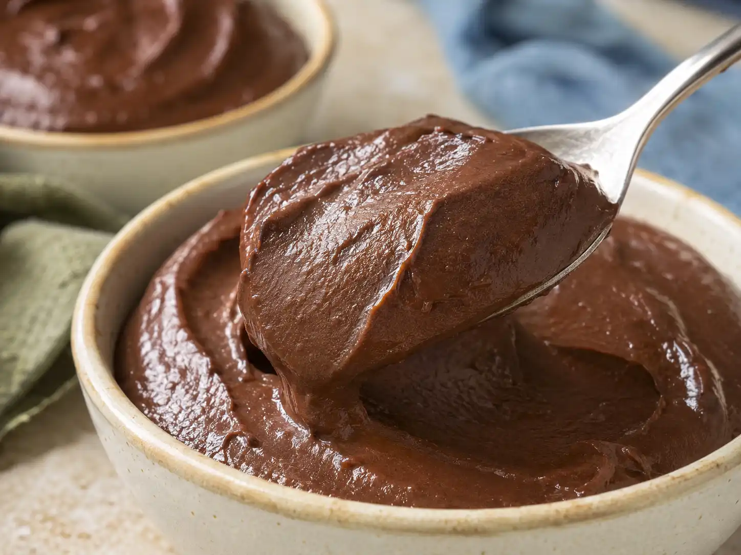 Extreme close-up of smooth chocolate cottage cheese pudding on a spoon with no visible curds