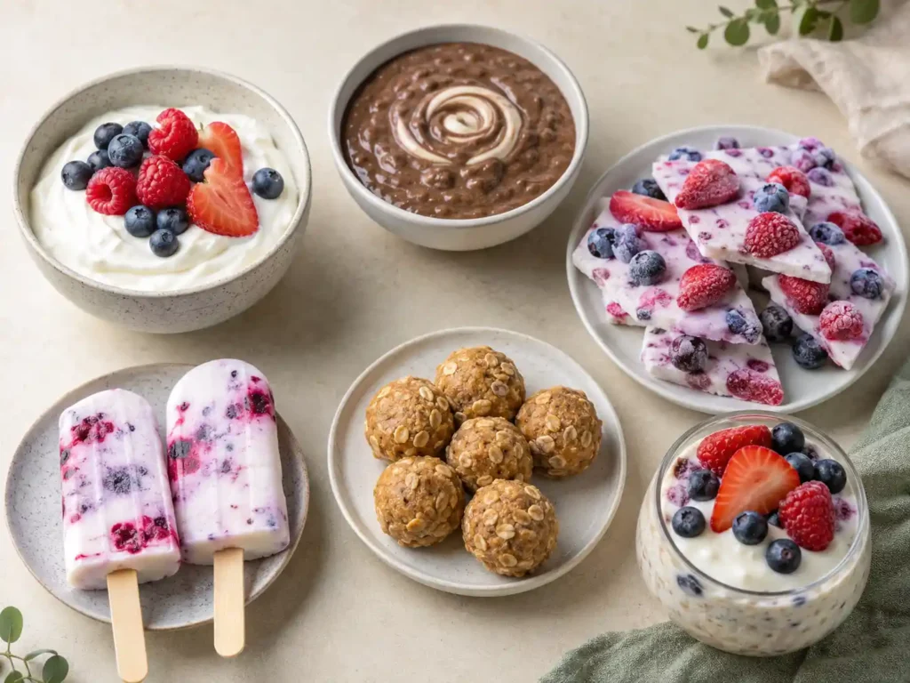 Greek yogurt with berries, chocolate cottage cheese pudding, frozen yogurt bark, yogurt pops, and peanut butter oat bites.