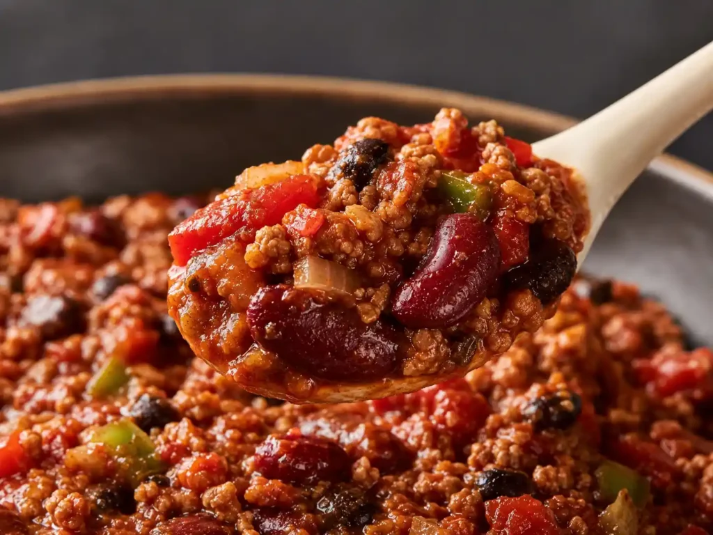 Close-up of thick ground turkey chili clinging to a spoon with visible beans and crumbled turkey