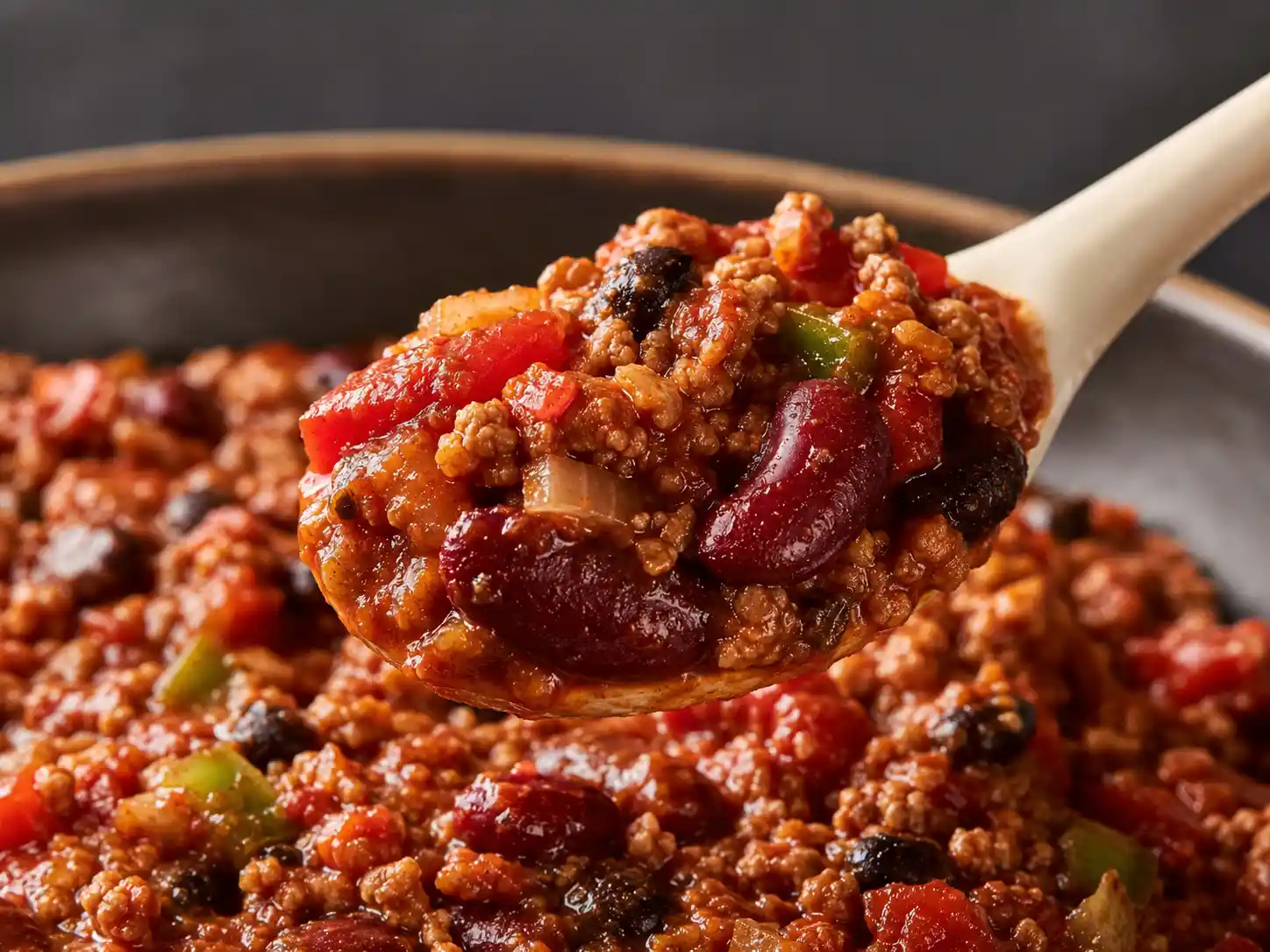 Close-up of thick ground turkey chili clinging to a spoon with visible beans and crumbled turkey