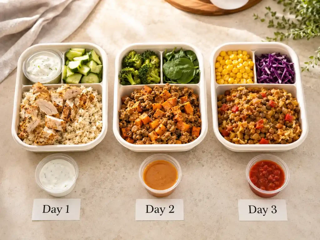 Three-day meal prep with Greek chicken rice, turkey sweet potato, and lentil taco bowls in separate containers.