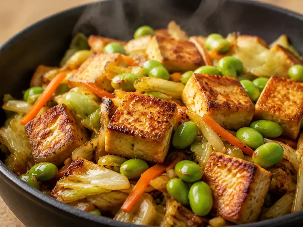 Close-up of browned tofu, edamame, cabbage, and carrots in a vegetable skillet.
