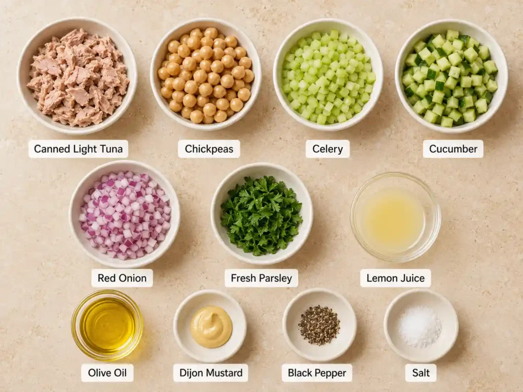 Labeled ingredients for tuna chickpea salad, including tuna, chickpeas, celery, cucumber, red onion, parsley, lemon, Dijon mustard, olive oil, salt, and pepper.