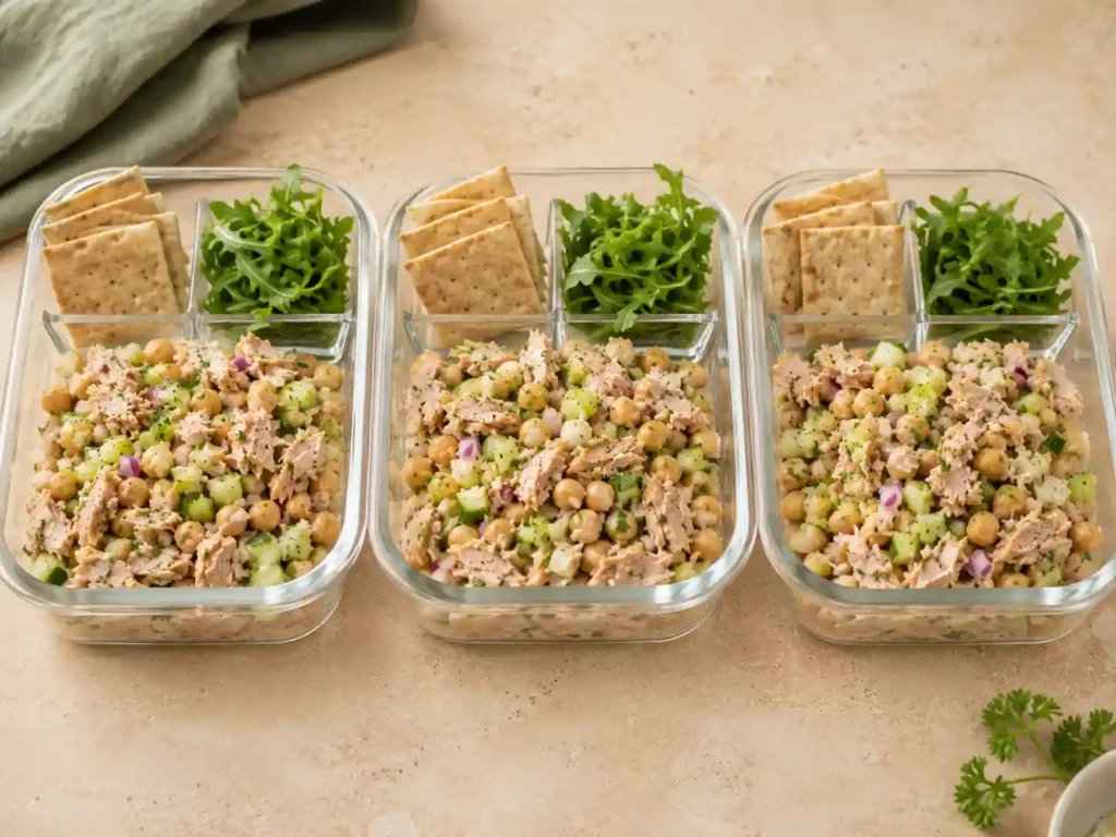 Three meal prep containers filled with tuna chickpea salad, with crackers and greens stored separately.