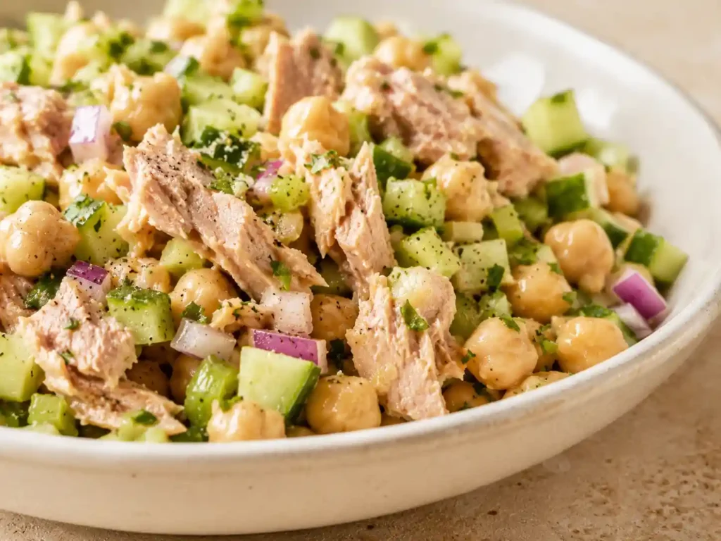 Close-up of tuna chickpea salad showing tuna flakes, whole chickpeas, crisp celery, cucumber, red onion, and light dressing.