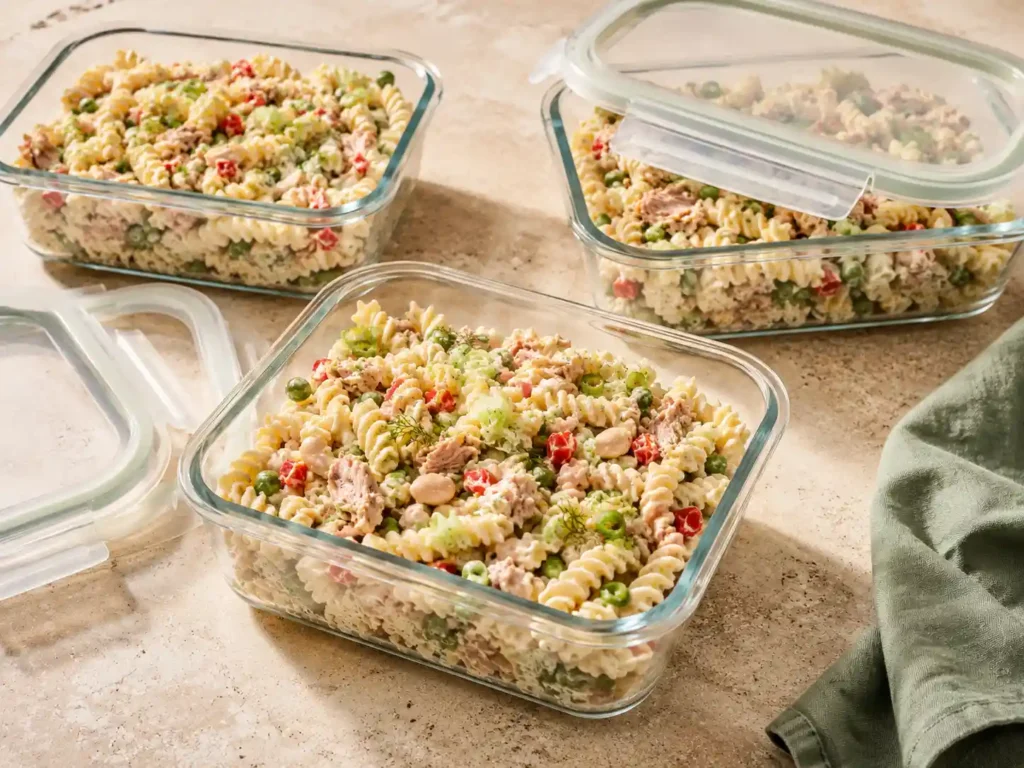 Three glass meal prep containers filled with creamy tuna pasta salad made with tuna, pasta, beans, peas, and vegetables.