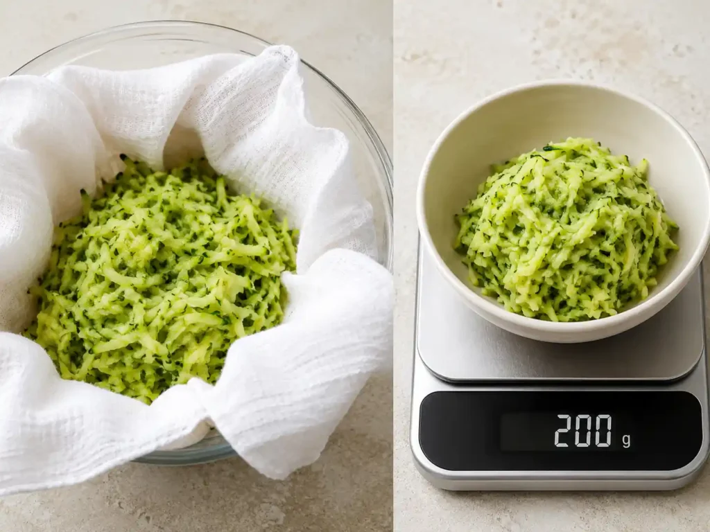 Lightly squeezed grated zucchini weighed to 200 grams for chocolate zucchini muffins