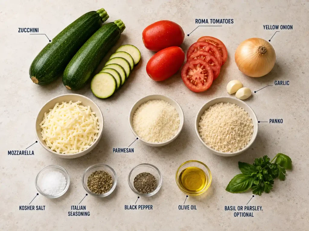 Labeled ingredients for zucchini tomato bake including zucchini, Roma tomatoes, mozzarella, Parmesan, panko, onion, and seasonings