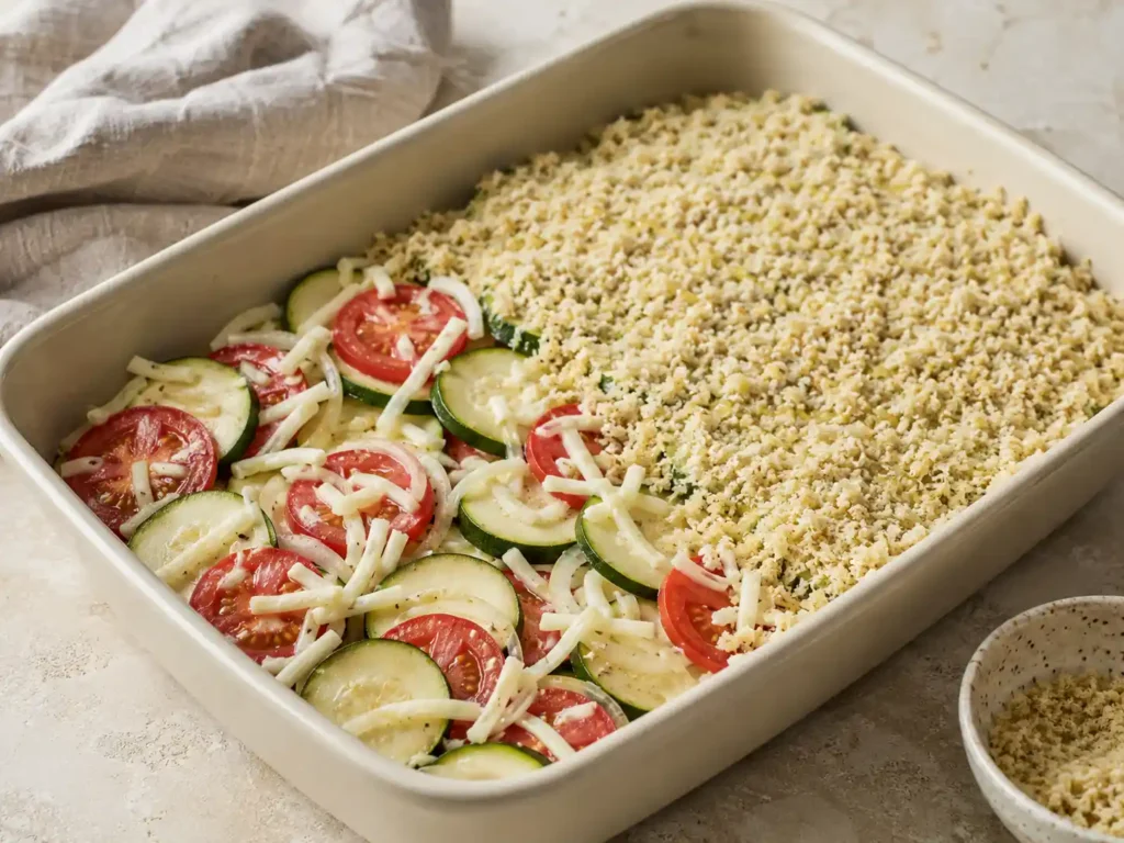 Layered zucchini, tomatoes, onion, mozzarella, and Parmesan panko in a shallow baking dish before baking