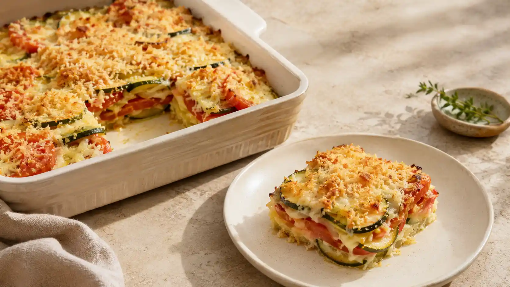Zucchini tomato bake with melted mozzarella and a golden Parmesan panko topping in a cream baking dish