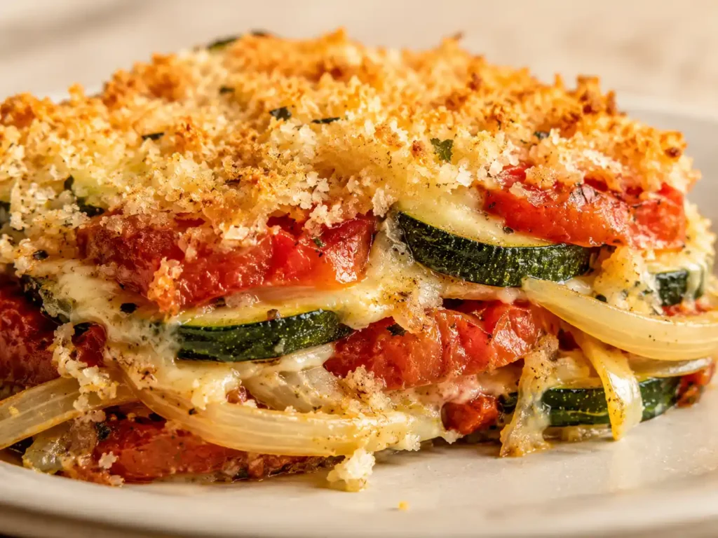 Close-up of tender zucchini and tomato layers with melted mozzarella and crisp Parmesan panko topping