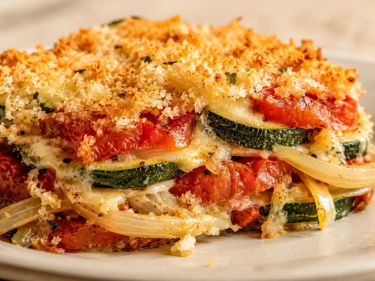 Close-up of tender zucchini and tomato layers with melted mozzarella and crisp Parmesan panko topping