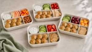 Four compartment lunch boxes with mini chicken meatballs, yogurt dip, cucumber, strawberries, and crackers