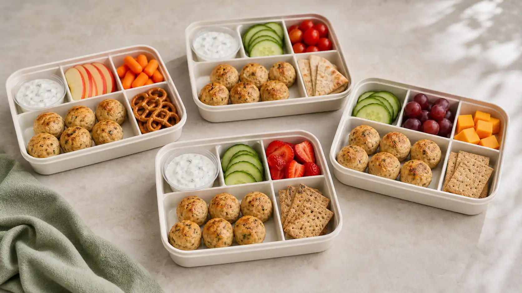 Four compartment lunch boxes with mini chicken meatballs, yogurt dip, cucumber, strawberries, and crackers