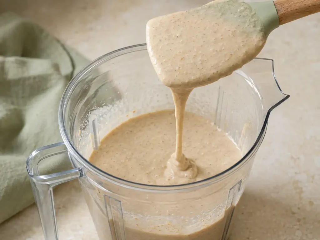 Thick but pourable banana protein pancake batter in a blender jar