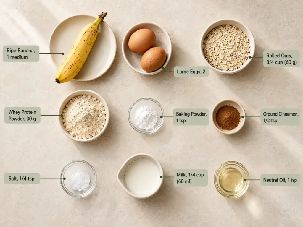 Labeled ingredients for banana protein pancakes including banana, eggs, oats, whey powder, milk, and seasonings