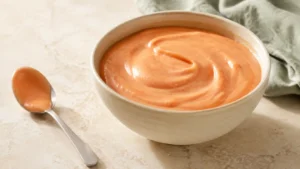 Creamy bang bang sauce with Greek yogurt in a warm cream bowl