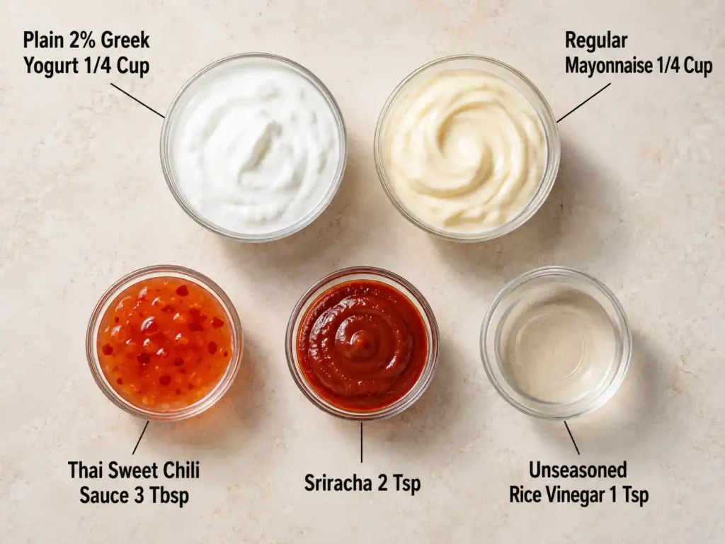 Labeled ingredients for bang bang sauce including Greek yogurt, mayonnaise, sweet chili sauce, sriracha, and rice vinegar